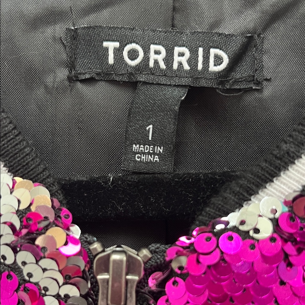 Torrid Fuchsia / Silver Sequin Bomber Jacket, Size 1 - Picture 2 of 12